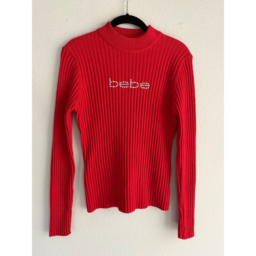 Bebe Red Ribbed Mock Neck Sweater Faux Pearl Logo Long Sleeve Top Large